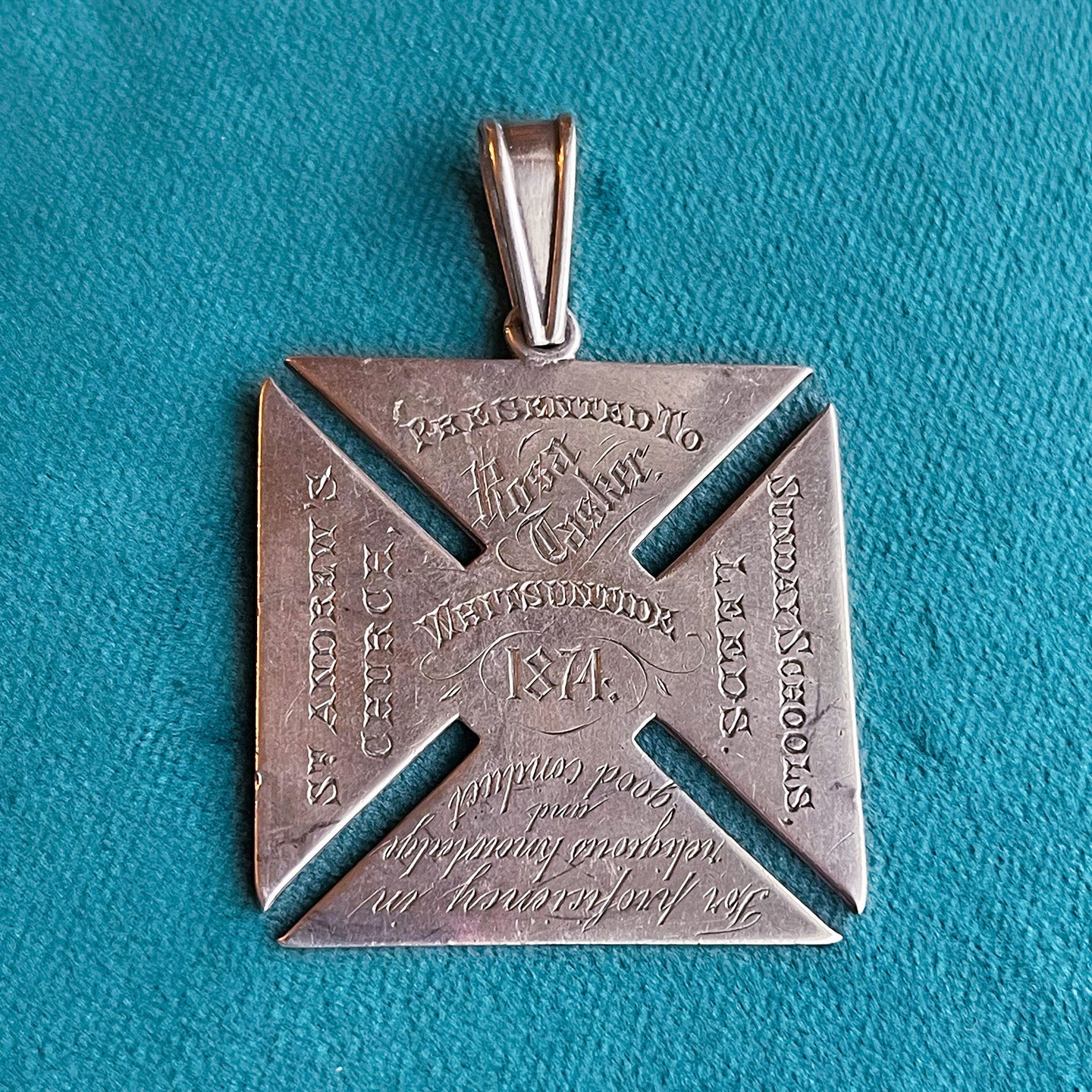 Victorian Engraved Square Cross Fob Pendant Dated 1874