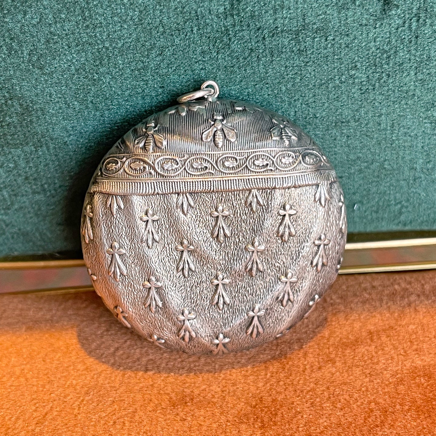 Antique French Repousse Silver Compact Pendant with Bees