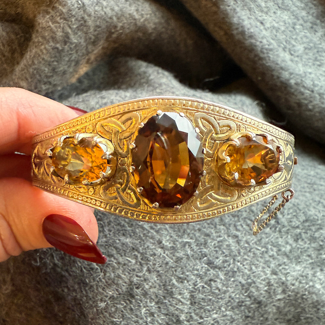 Antique Victorian Silver Engraved Citrine Bangle, English Jewelry, circa 1870