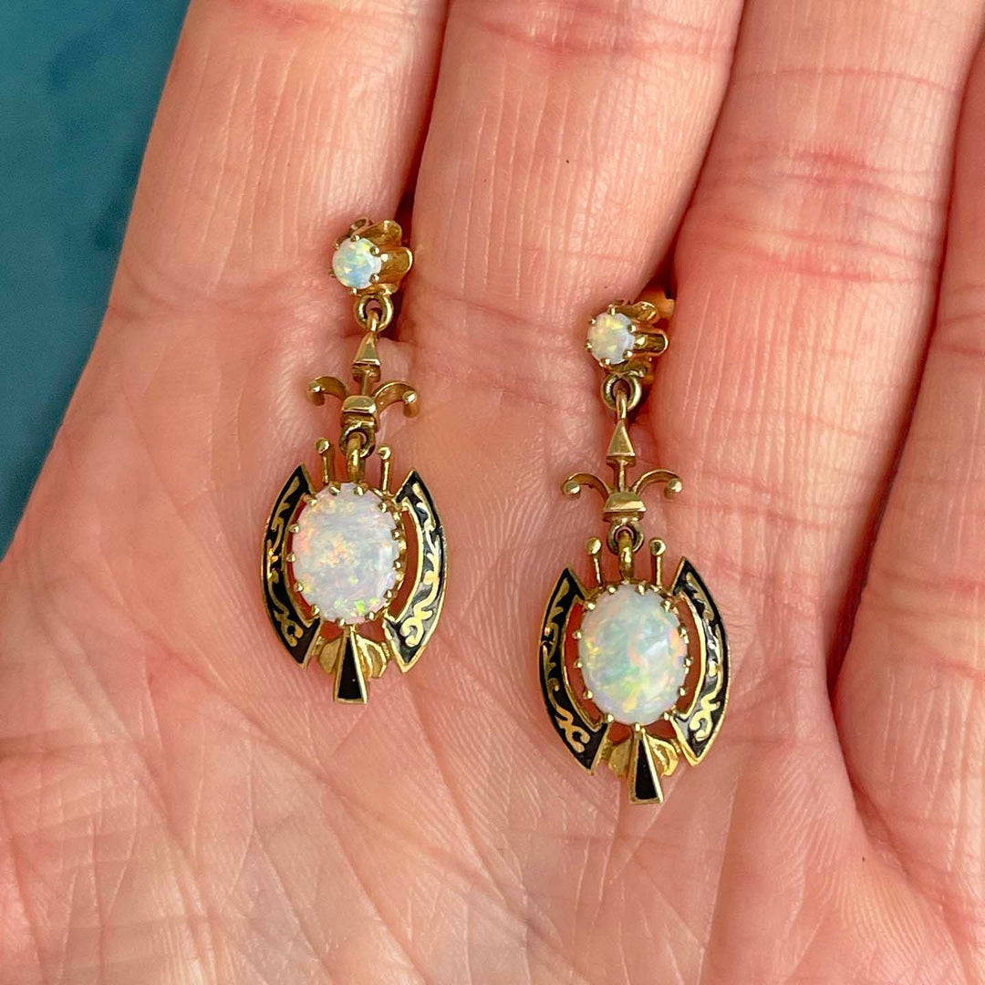 Victorian 14k Gold Opal Black Enamel Earrings