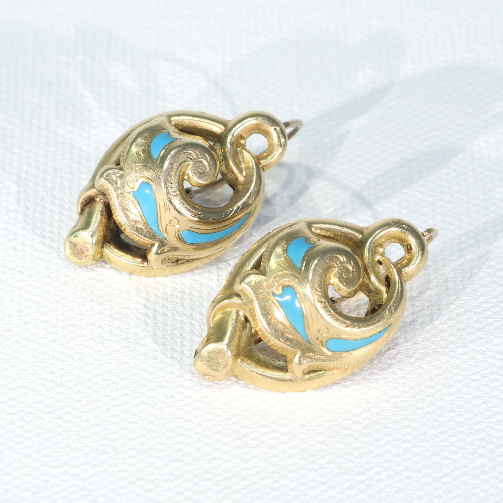 Antique Neoclassical French 18k Gold Blue Enamel Earrings c. 1820