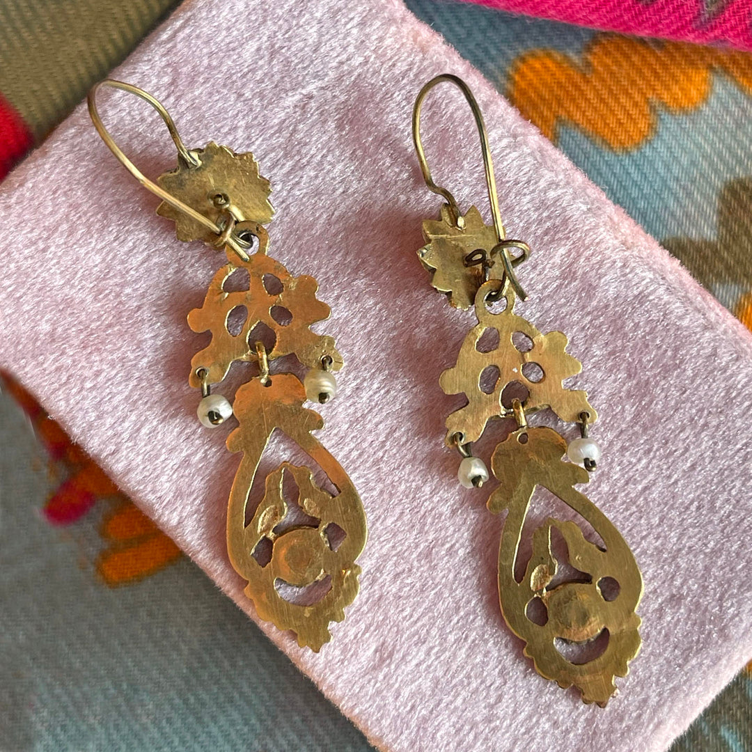Antique Victorian Pearl Earrings 14k Gold Birds