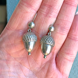 Antique Silver Acorn Drop Earrings English Victorian