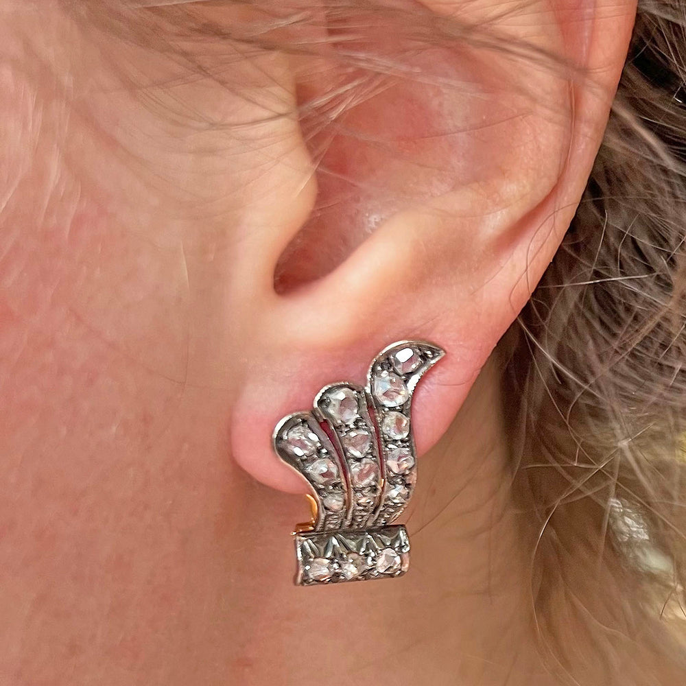 Antique Edwardian Diamond Wing Earrings 18k Gold Silver Set
