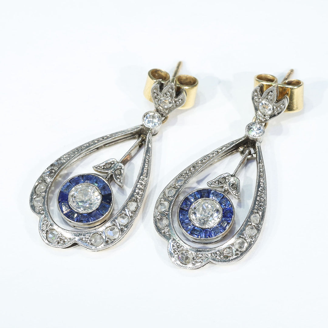 Edwardian Diamond Sapphire Drop Earrings, circa 1910
