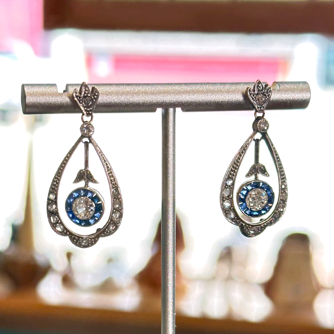 Edwardian Diamond Sapphire Drop Earrings, circa 1910