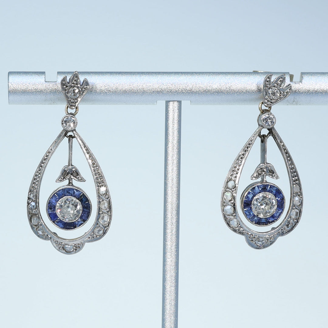Edwardian Diamond Sapphire Drop Earrings, circa 1910