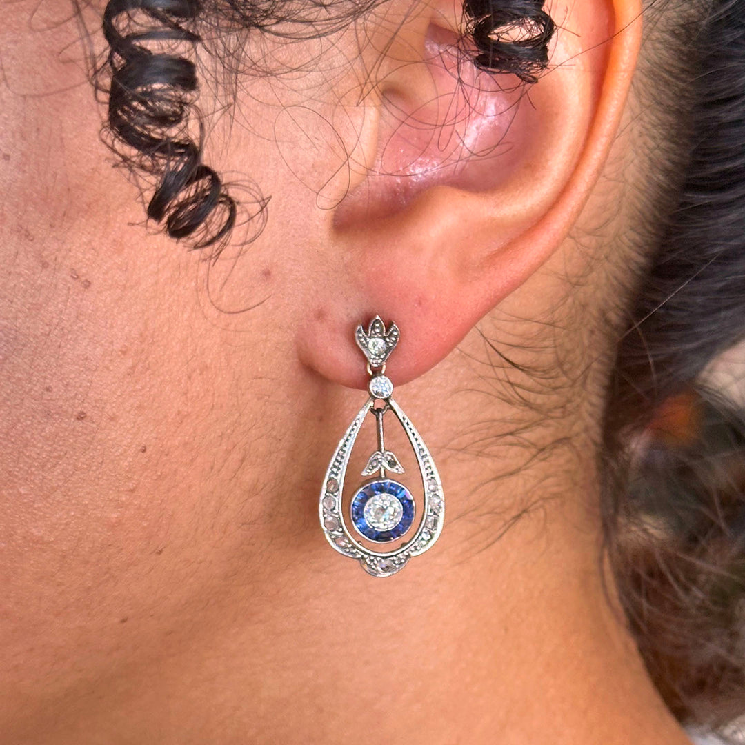 Edwardian Diamond Sapphire Drop Earrings, circa 1910