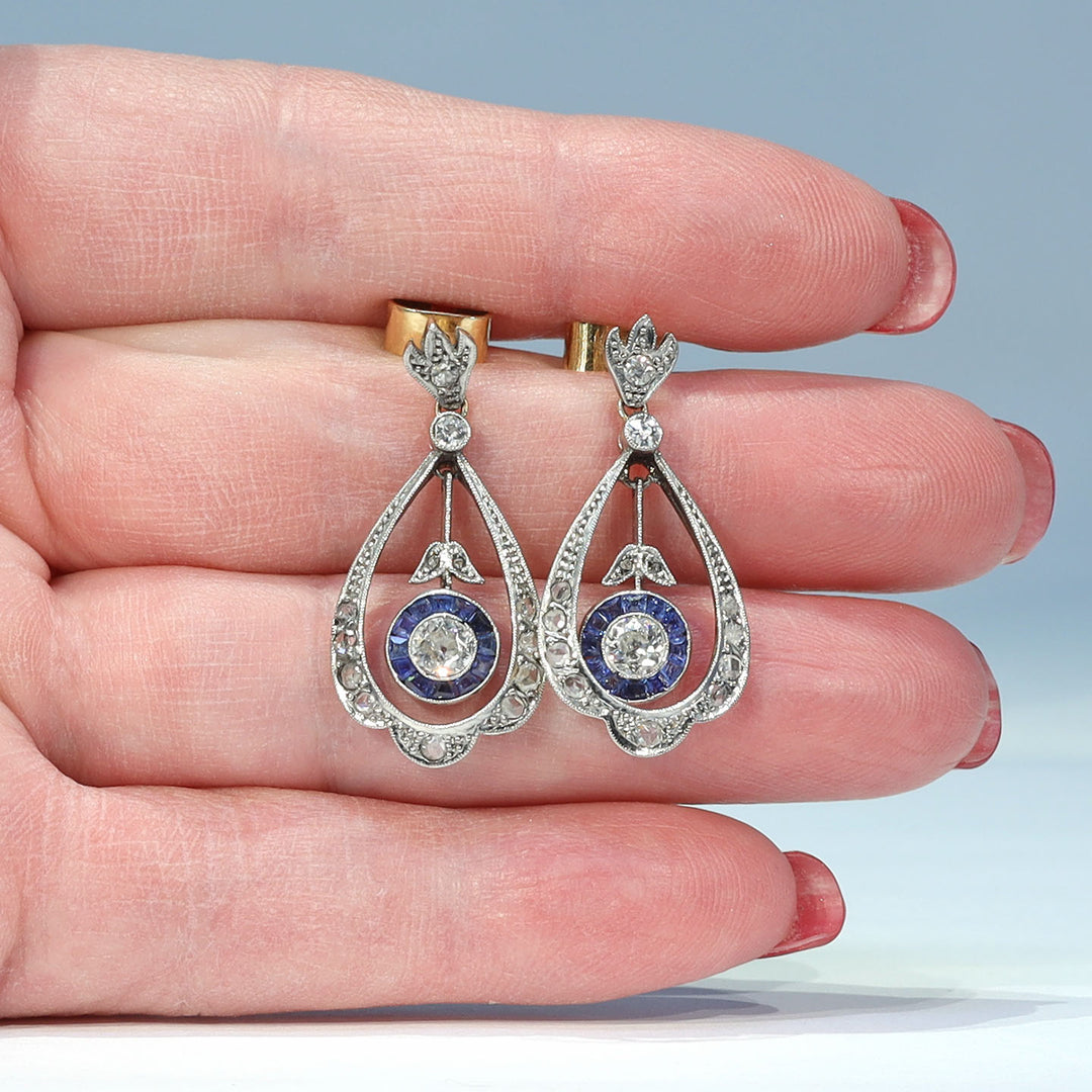 Edwardian Diamond Sapphire Drop Earrings, circa 1910