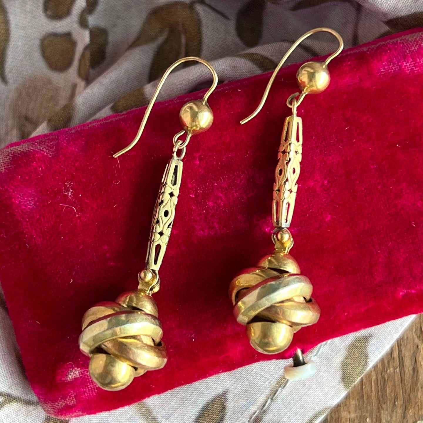 Antique Victorian Gold Long Knot Drop Earrings