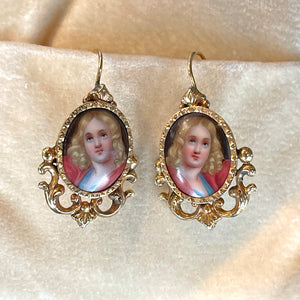 Neoclassical French Enamel Earrings with Portrait Miniatures in 18k Gold