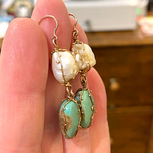 Arts and Crafts Era Turquoise Pearl Earrings 9k Gold