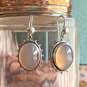 Antique Silver Chalcedony Oval Drop Earrings, c. 1880