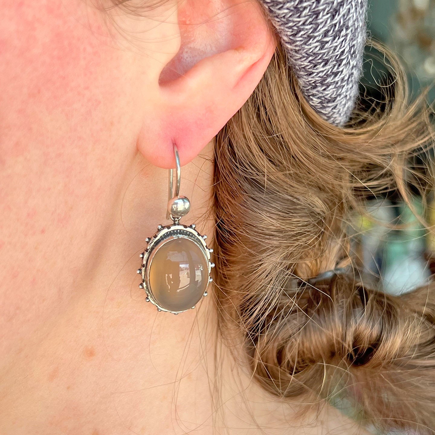 Antique Silver Chalcedony Oval Drop Earrings, c. 1880