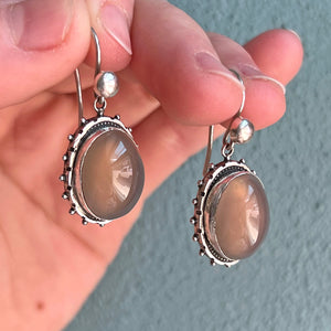 Antique Silver Chalcedony Oval Drop Earrings, c. 1880