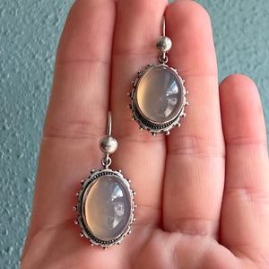 Antique Silver Chalcedony Oval Drop Earrings, c. 1880