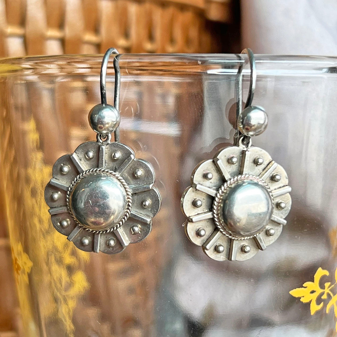 Antique Victorian Earrings Silver Abstract Floral Embossed