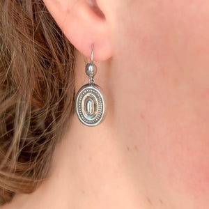 Victorian Antique Silver Earrings Embossed Oval Drop
