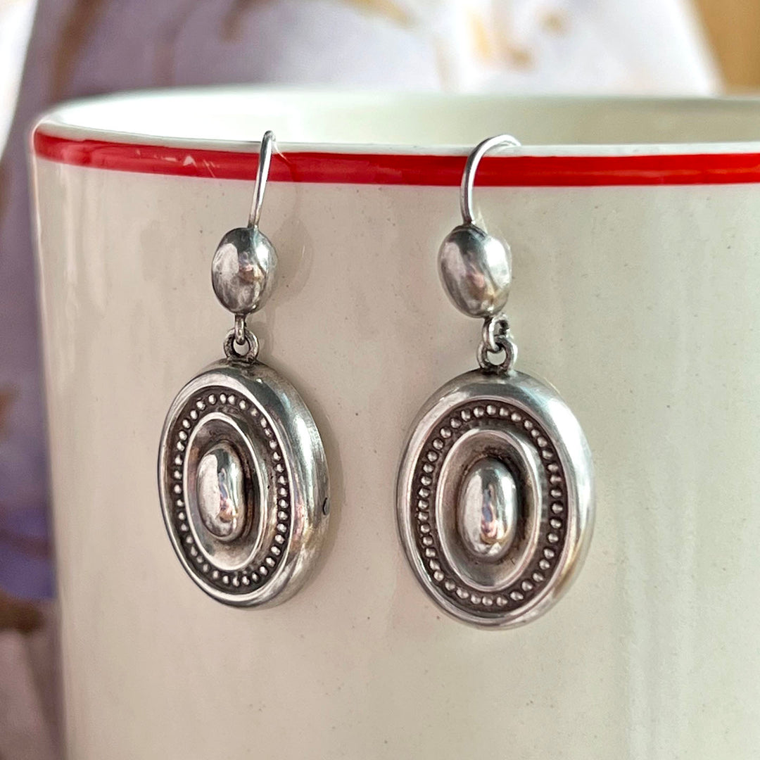 Victorian Antique Silver Earrings Embossed Oval Drop