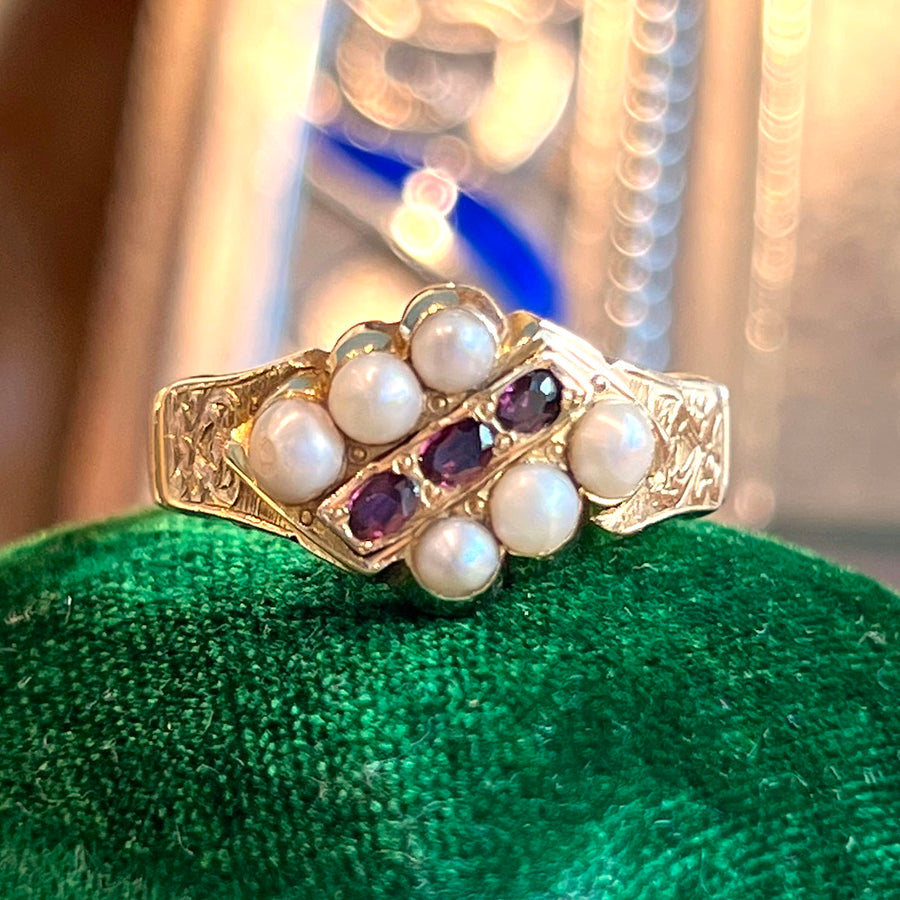 Early Victorian Pearl and Garnet Ring, Dated 1846