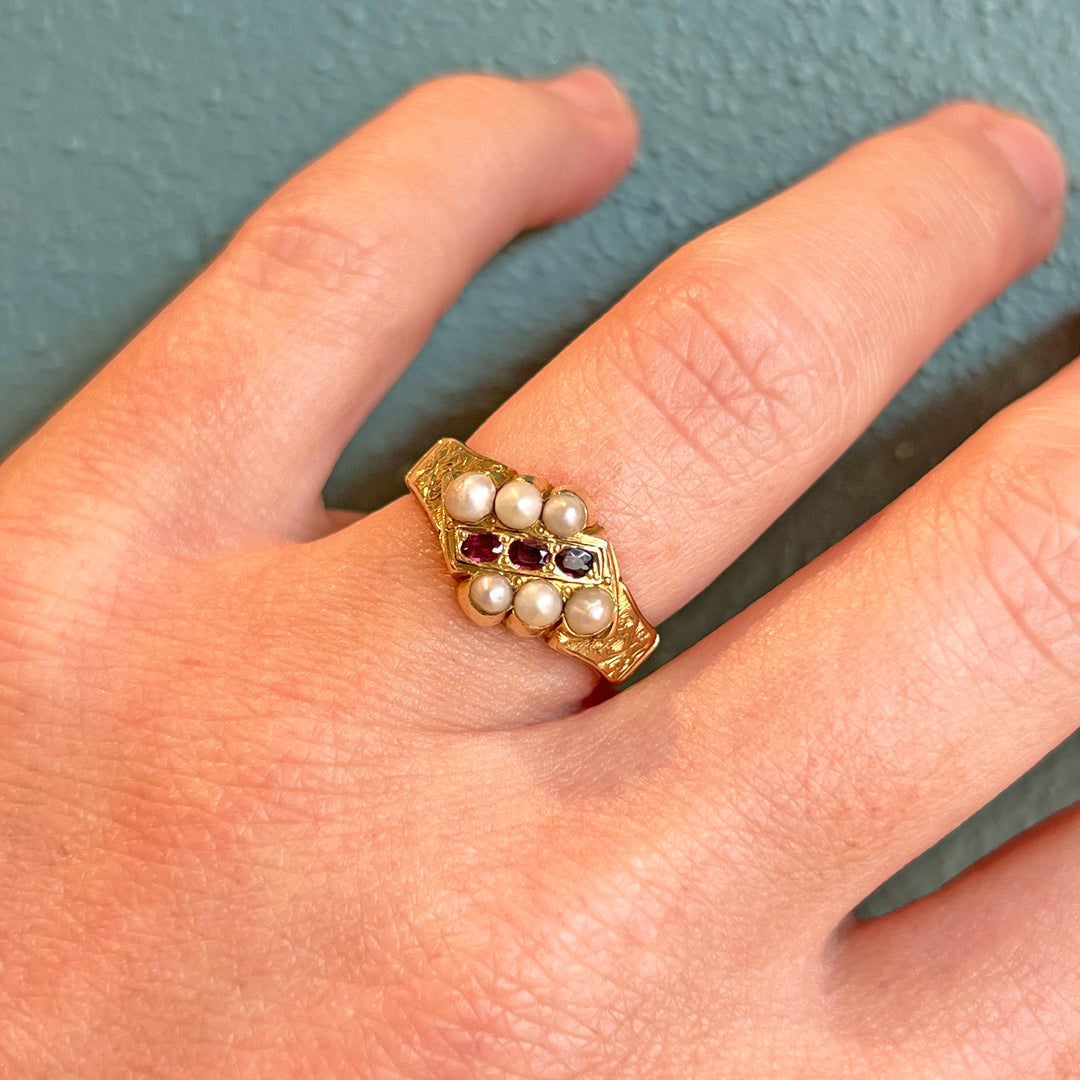 Early Victorian Pearl and Garnet Ring, Dated 1846