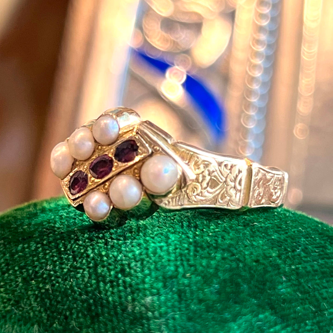 Early Victorian Pearl and Garnet Ring, Dated 1846