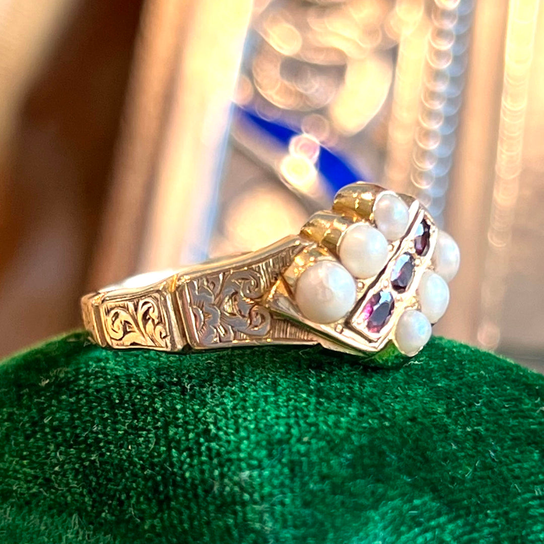 Early Victorian Pearl and Garnet Ring, Dated 1846