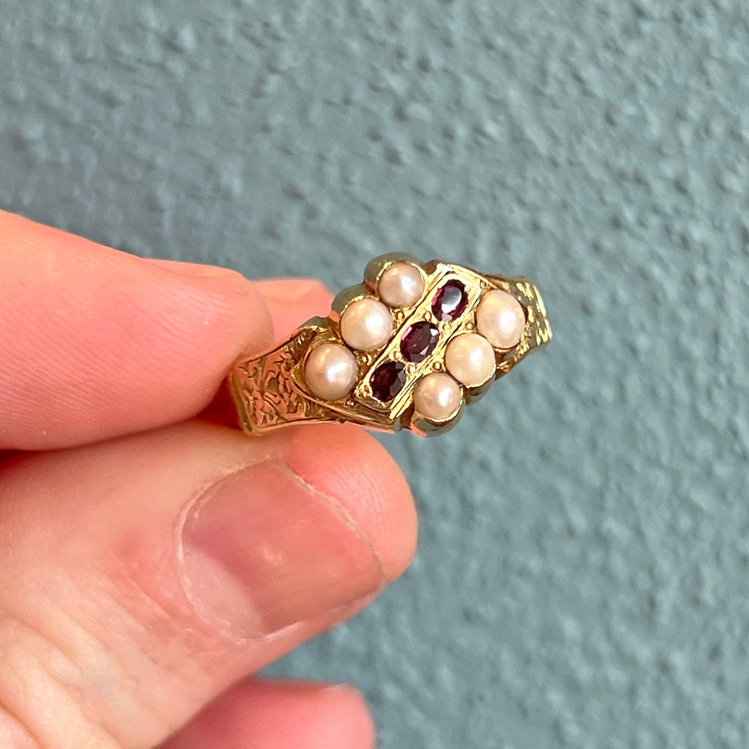 Early Victorian Pearl and Garnet Ring, Dated 1846