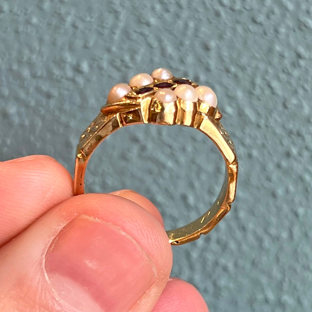 Early Victorian Pearl and Garnet Ring, Dated 1846