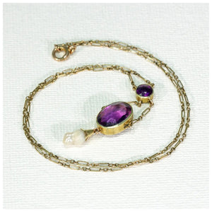 Edwardian Amethyst Pearl Necklace in 9 karat Gold