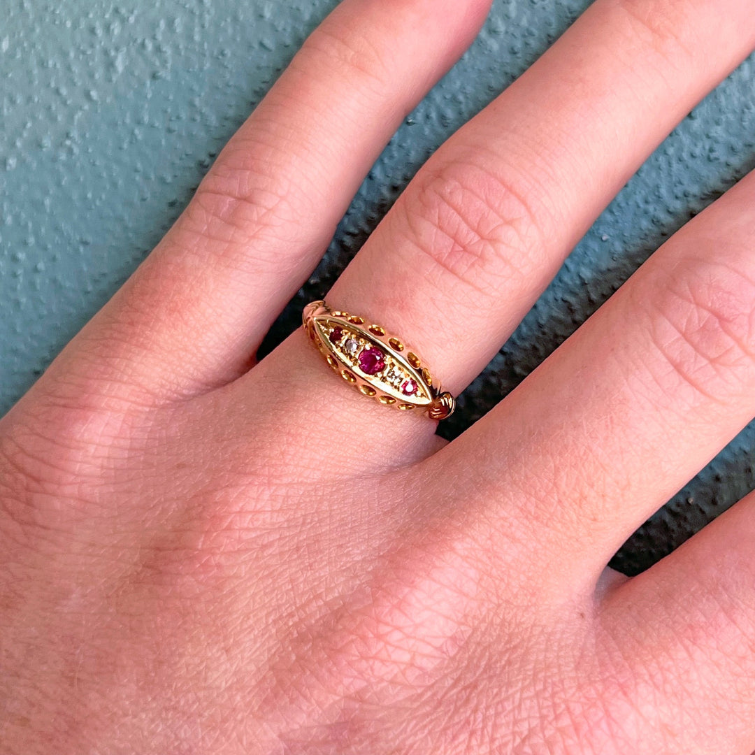 Edwardian 18k Gold Ruby Diamond Ring, Chester 1907