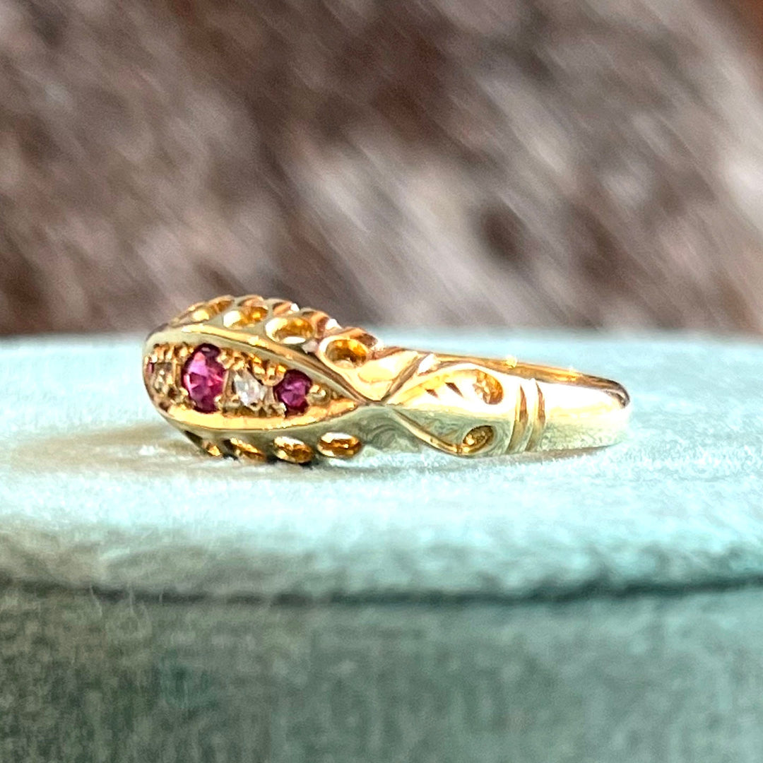 Edwardian 18k Gold Ruby Diamond Ring, Chester 1907
