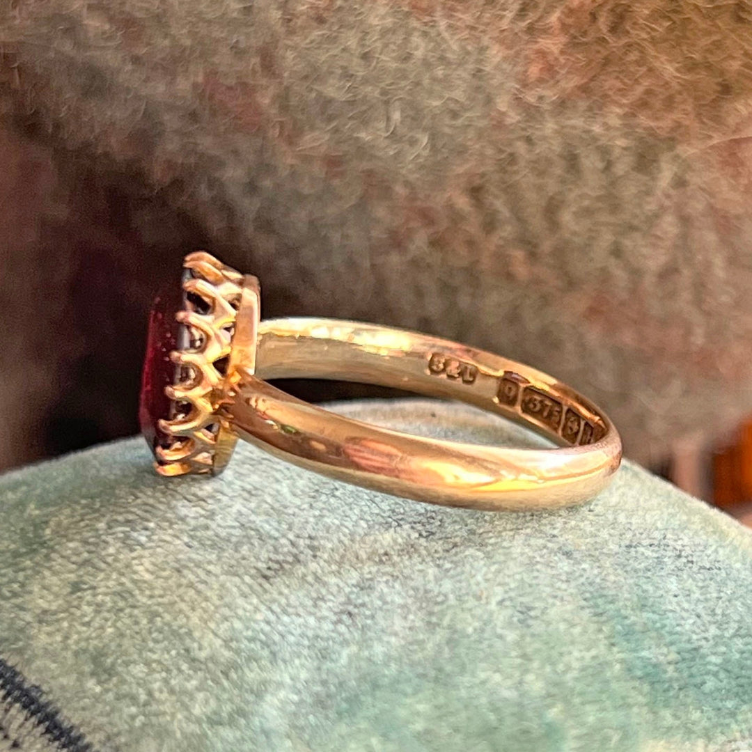 Edwardian 9 Karat Gold Garnet Ring Birmingham 1918 Antique Oval Garnet Ring Size 7.5