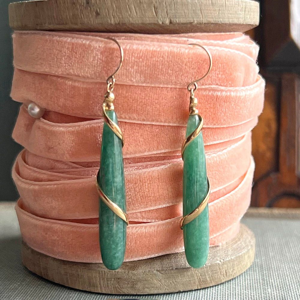 Antique gold earrings with long jade drops
