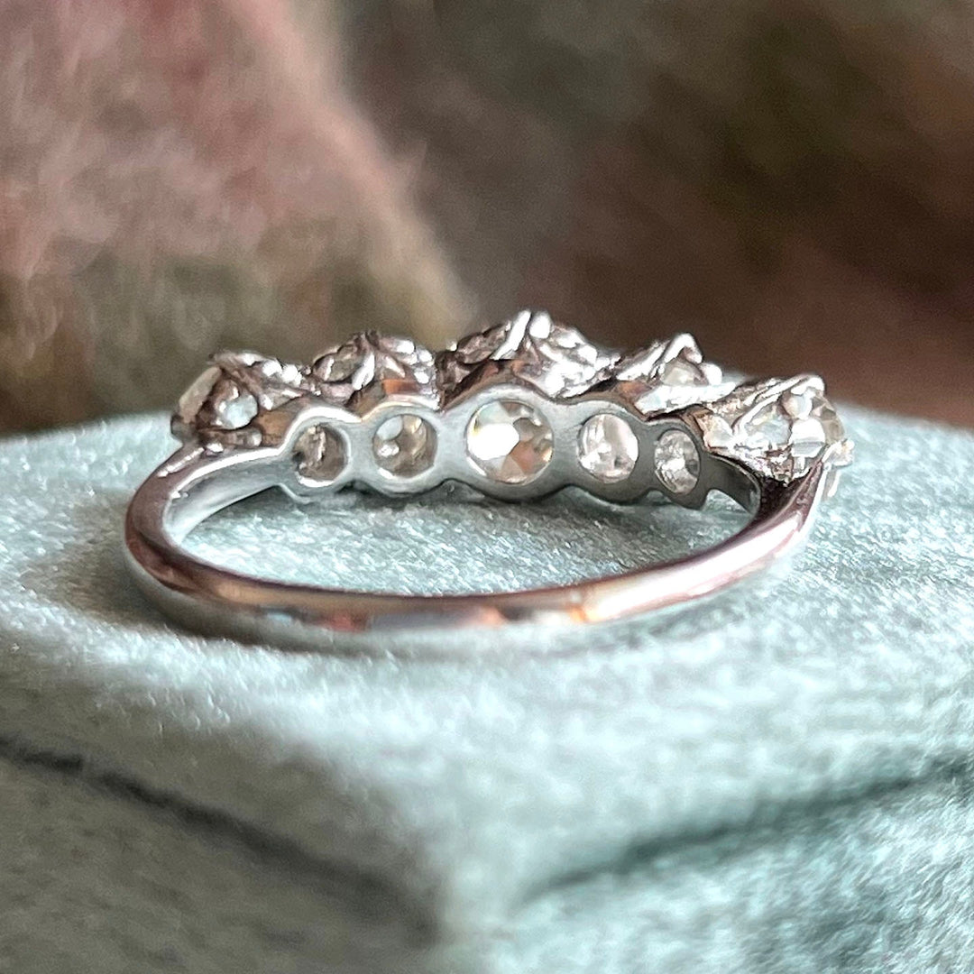 Edwardian Platinum Five Stone Diamond Ring with Cushion Cut Diamonds, c. 1910