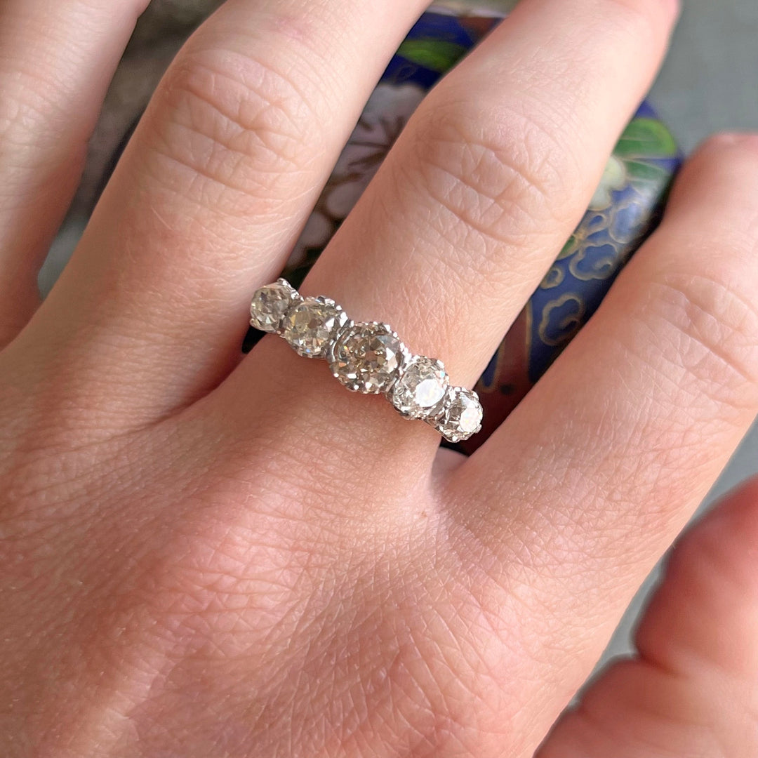 Edwardian Platinum Five Stone Diamond Ring with Cushion Cut Diamonds, c. 1910