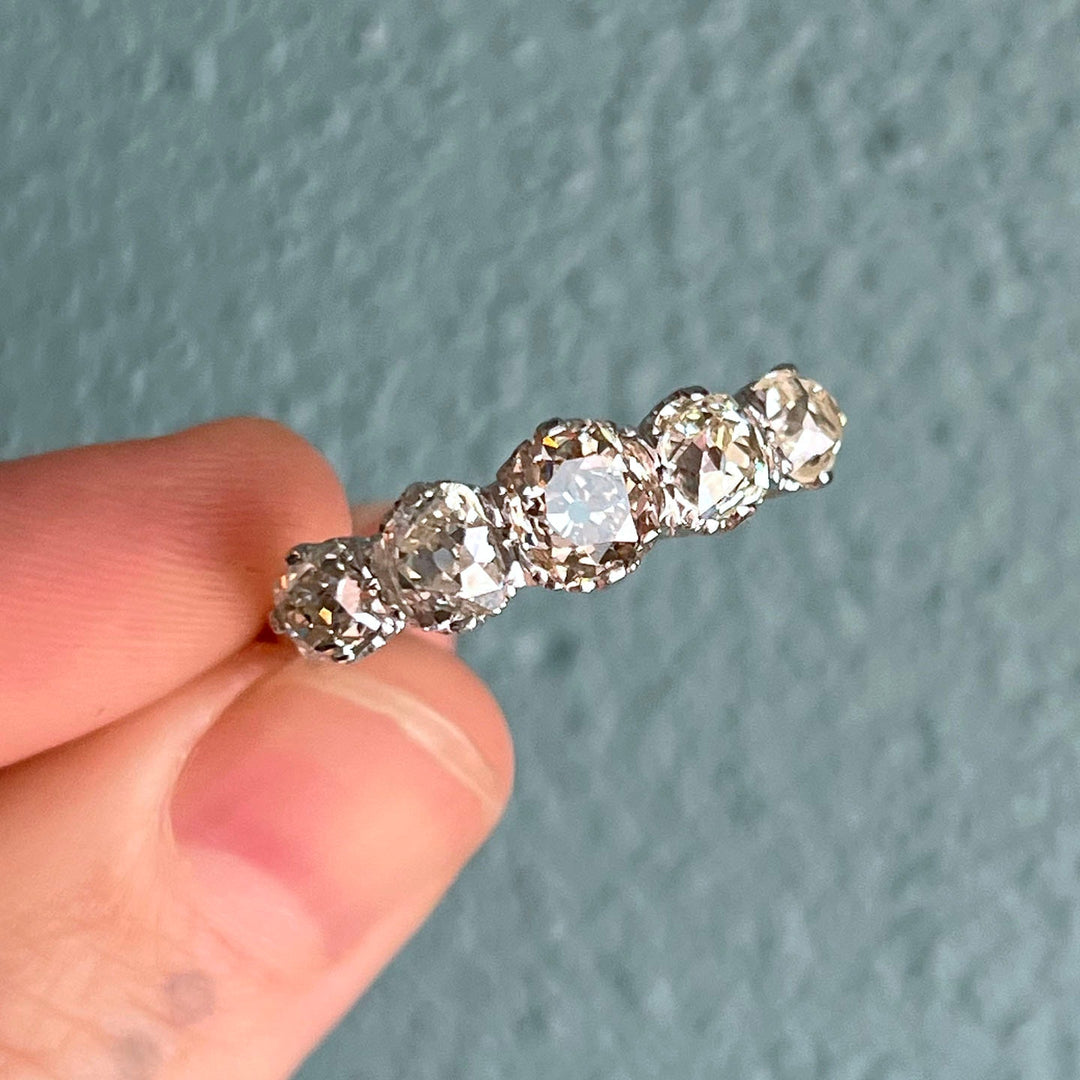 Edwardian Platinum Five Stone Diamond Ring with Cushion Cut Diamonds, c. 1910
