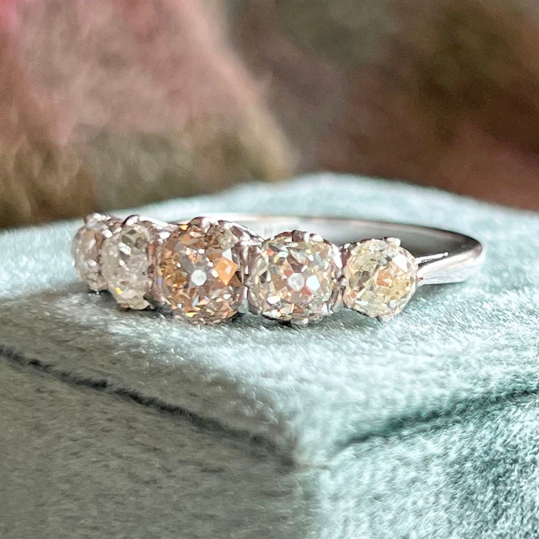 Edwardian Platinum Five Stone Diamond Ring with Cushion Cut Diamonds, c. 1910