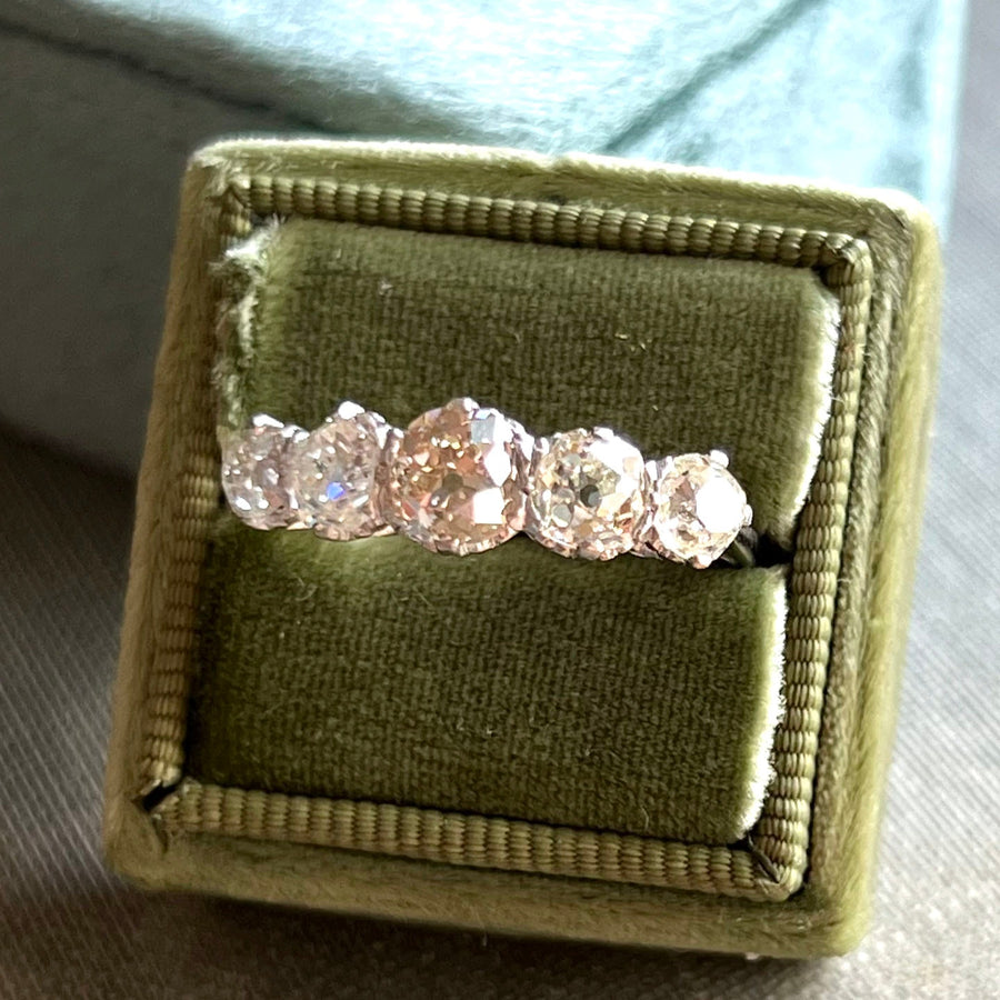 Edwardian Platinum Five Stone Diamond Ring with Cushion Cut Diamonds, c. 1910