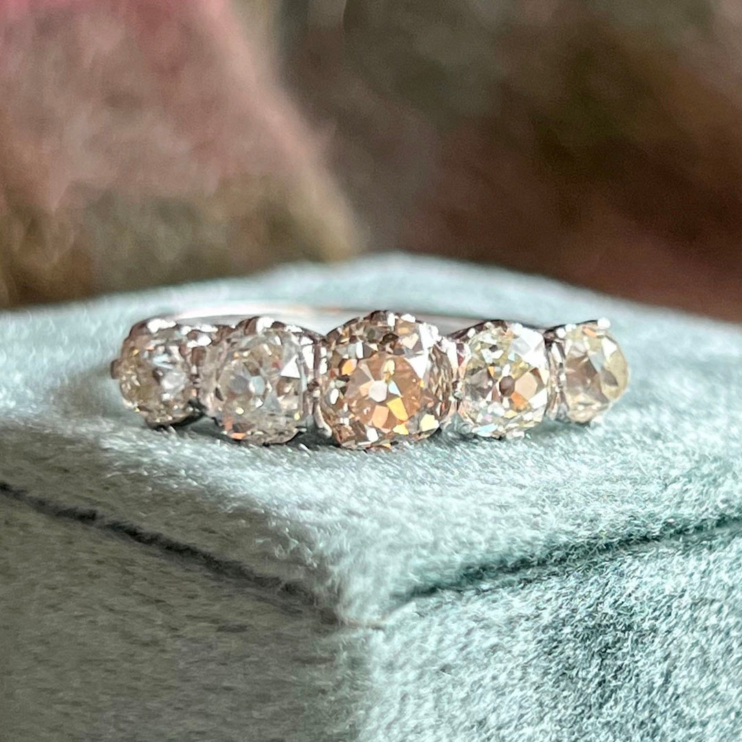 Edwardian Platinum Five Stone Diamond Ring with Cushion Cut Diamonds, c. 1910