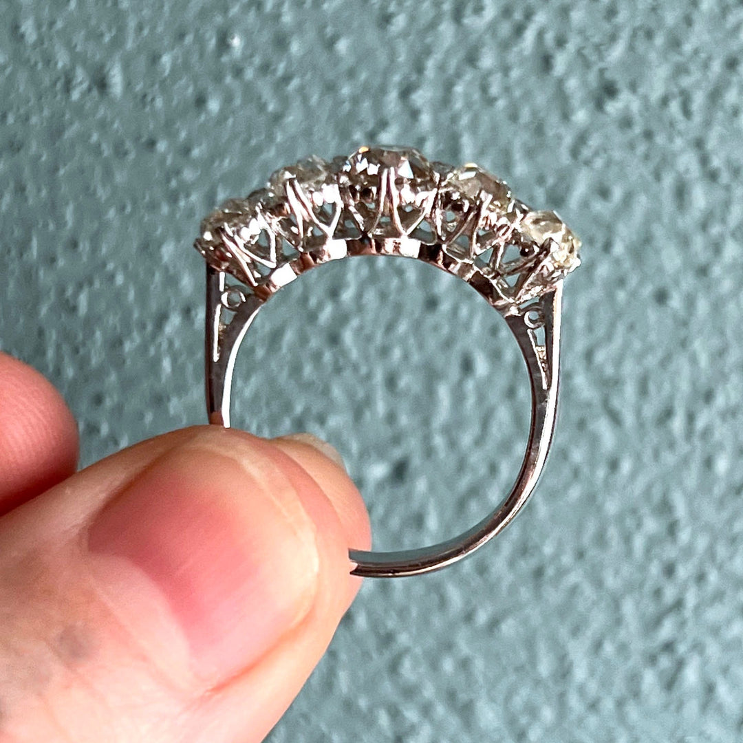 Edwardian Platinum Five Stone Diamond Ring with Cushion Cut Diamonds, c. 1910