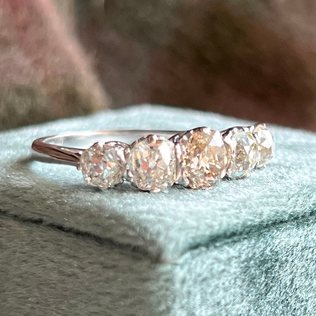 Edwardian Platinum Five Stone Diamond Ring with Cushion Cut Diamonds, c. 1910