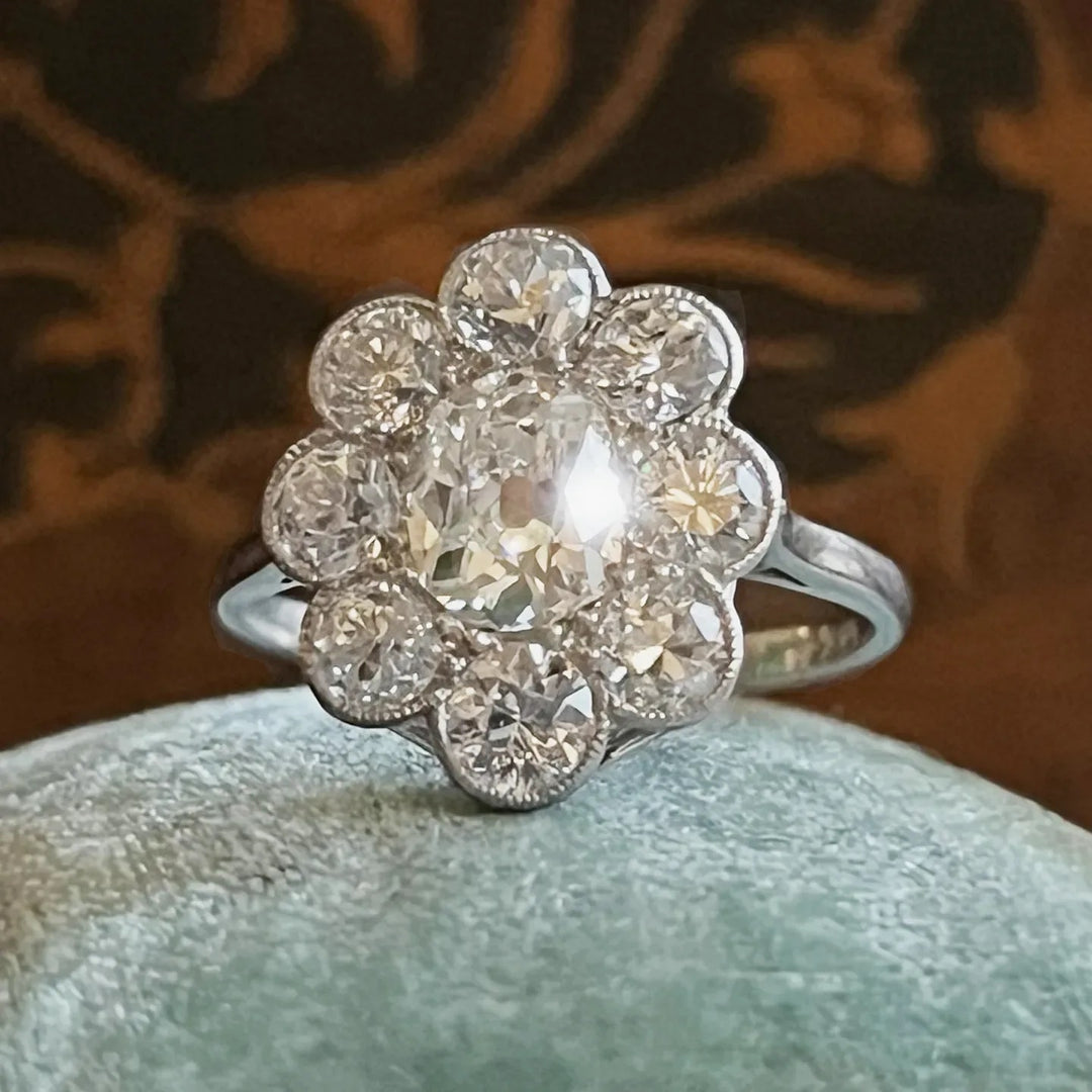 Edwardian Platinum Old European Cut Diamond Cluster Engagement Ring, c. 1915