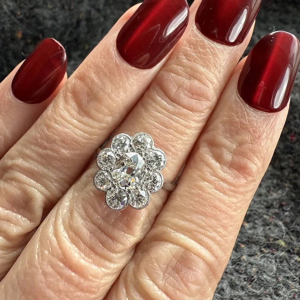 Edwardian Platinum Old European Cut Diamond Cluster Engagement Ring, c. 1915