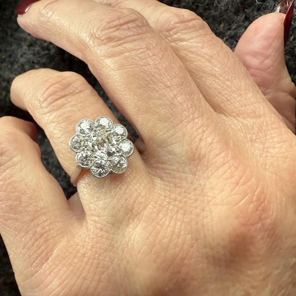 Edwardian Platinum Old European Cut Diamond Cluster Engagement Ring, c. 1915