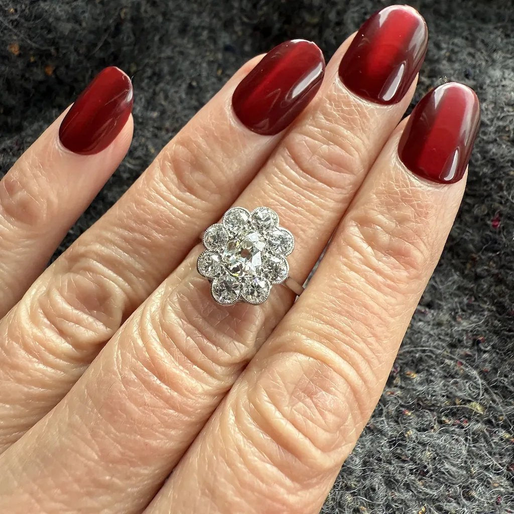 Edwardian Platinum Old European Cut Diamond Cluster Engagement Ring, c. 1915