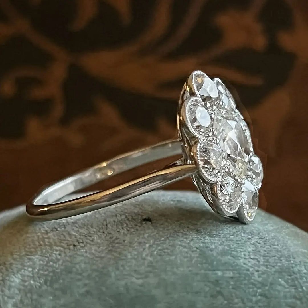 Edwardian Platinum Old European Cut Diamond Cluster Engagement Ring, c. 1915