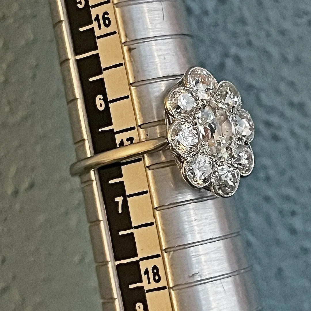 Edwardian Platinum Old European Cut Diamond Cluster Engagement Ring, c. 1915