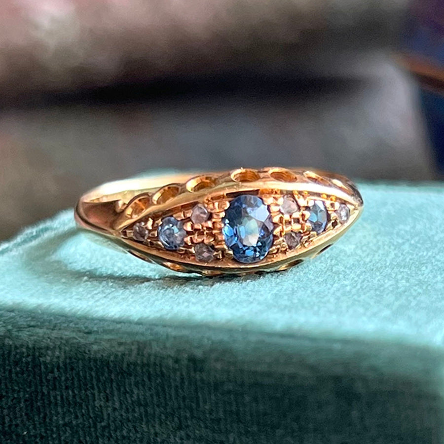 Edwardian Sapphire and Diamond Marquise Ring in 18 Karat Gold, Birmingham 1908