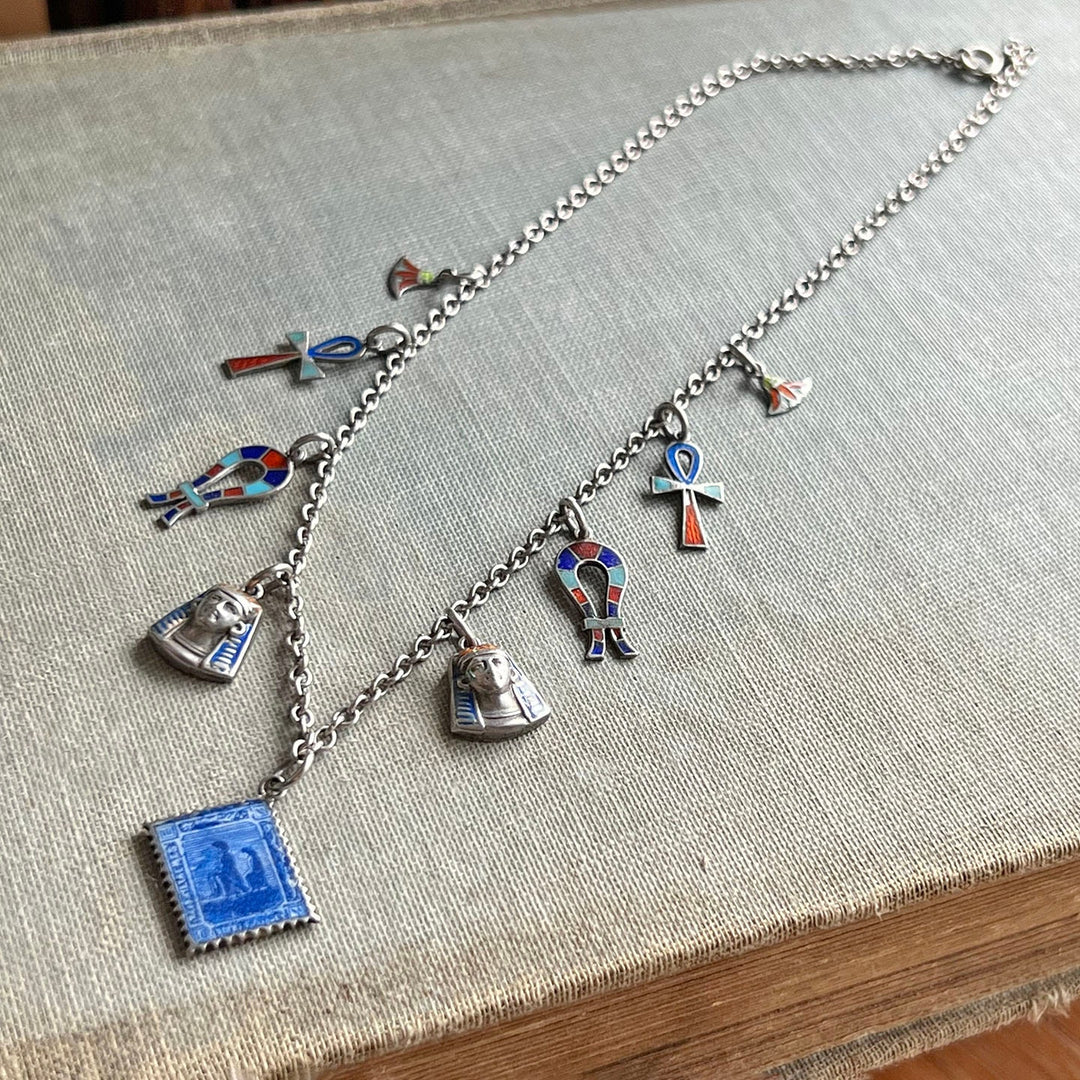 Egyptian Revival silver enamel charm necklace